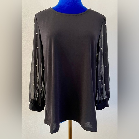 Cece | Faux Pearl Sheer Sleeve Top | Black | Women’s Small - Picture 1 of 6